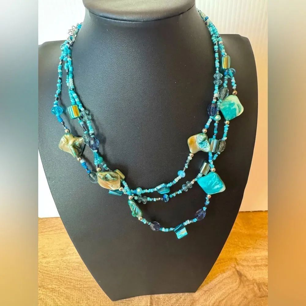 M & S Artisan Abalone Shell & Seed Bead Necklace Blue Teal Boho Beachy Multi
